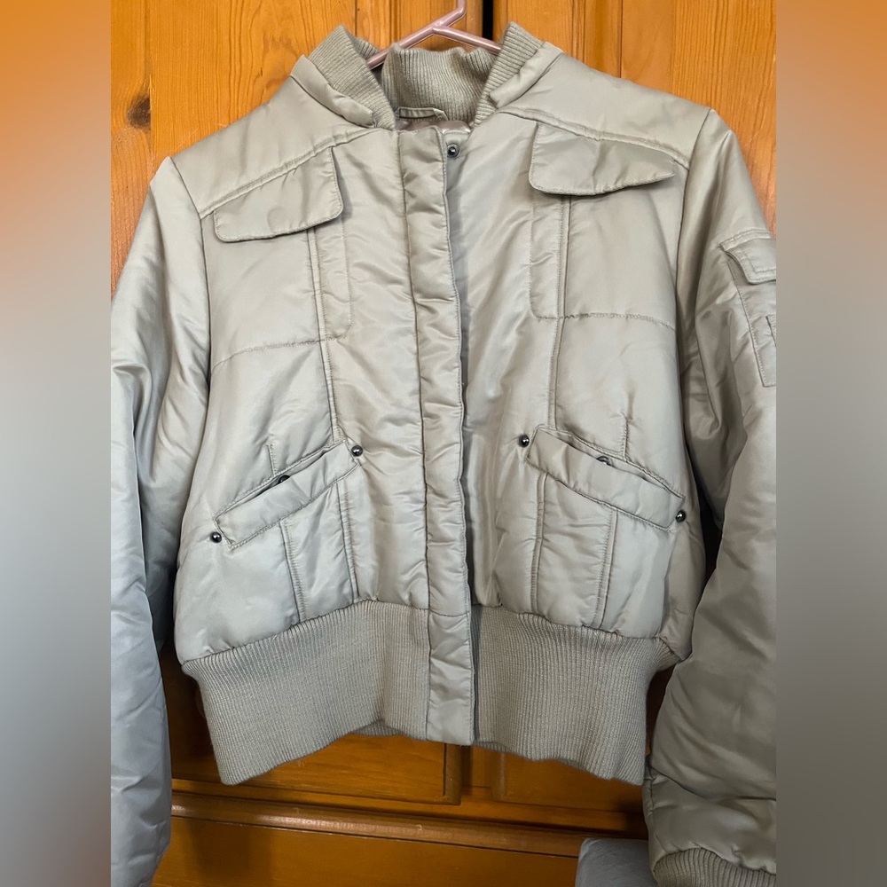Womens Light Gray Quilted Bomber Jacket with Ribbed Hem